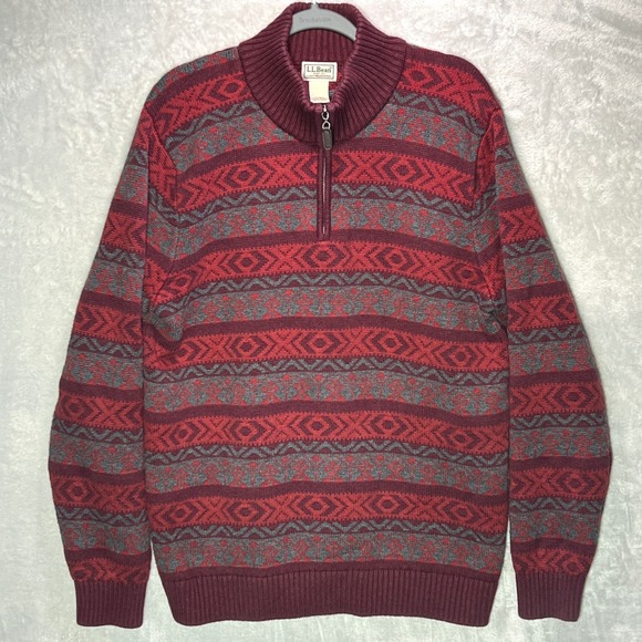 LL Bean Nordic Fair Isle Knit Sweater Mens Large TALL 1/4 Zip Red Gray Holidays - Picture 2 of 12